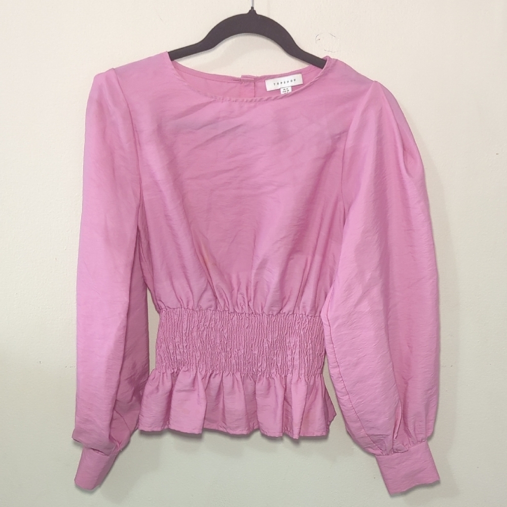 Topshop Long-Sleeve Smocked Peplum Blouse Pink Women's Size 6